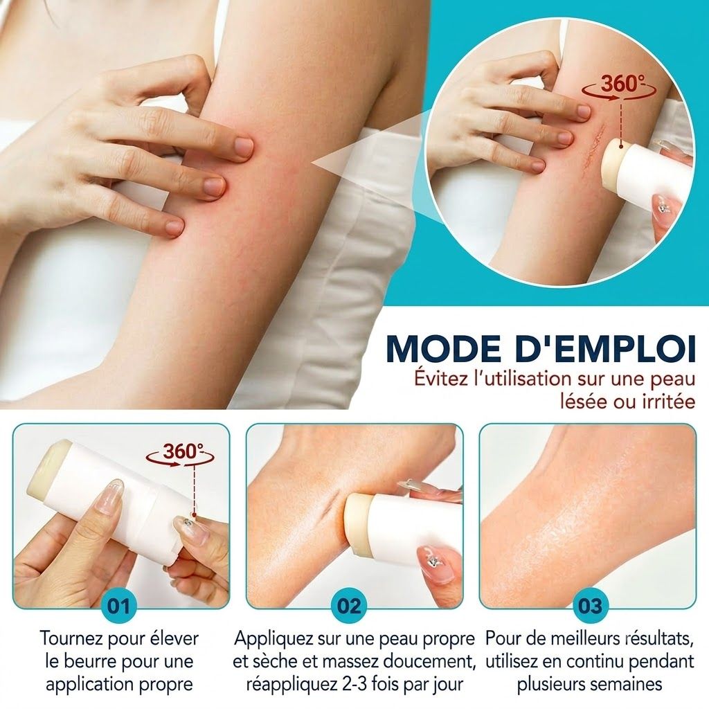 Un bâton blanc avec un applicateur rotatif est appliqué sur la peau.