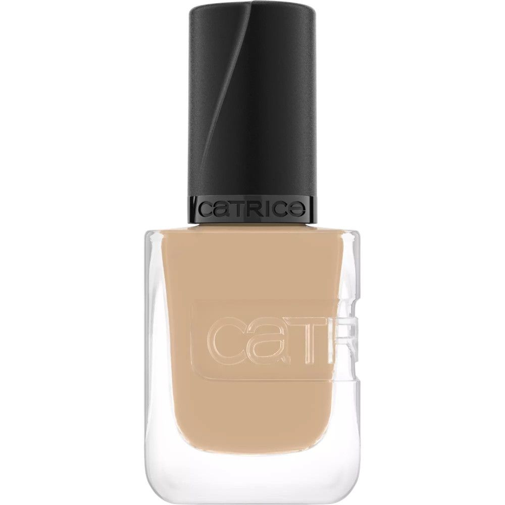 Flacon de vernis à ongles avec bouchon noir. Couleur beige. Logo Catrice sur le bouchon et le flacon. Forme carrée.