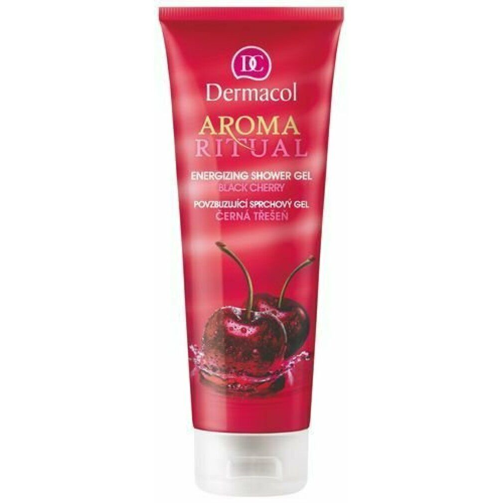 Tube rouge de gel douche Dermacol Aroma Ritual. Image de cerises et nom du produit. Bouchon blanc.