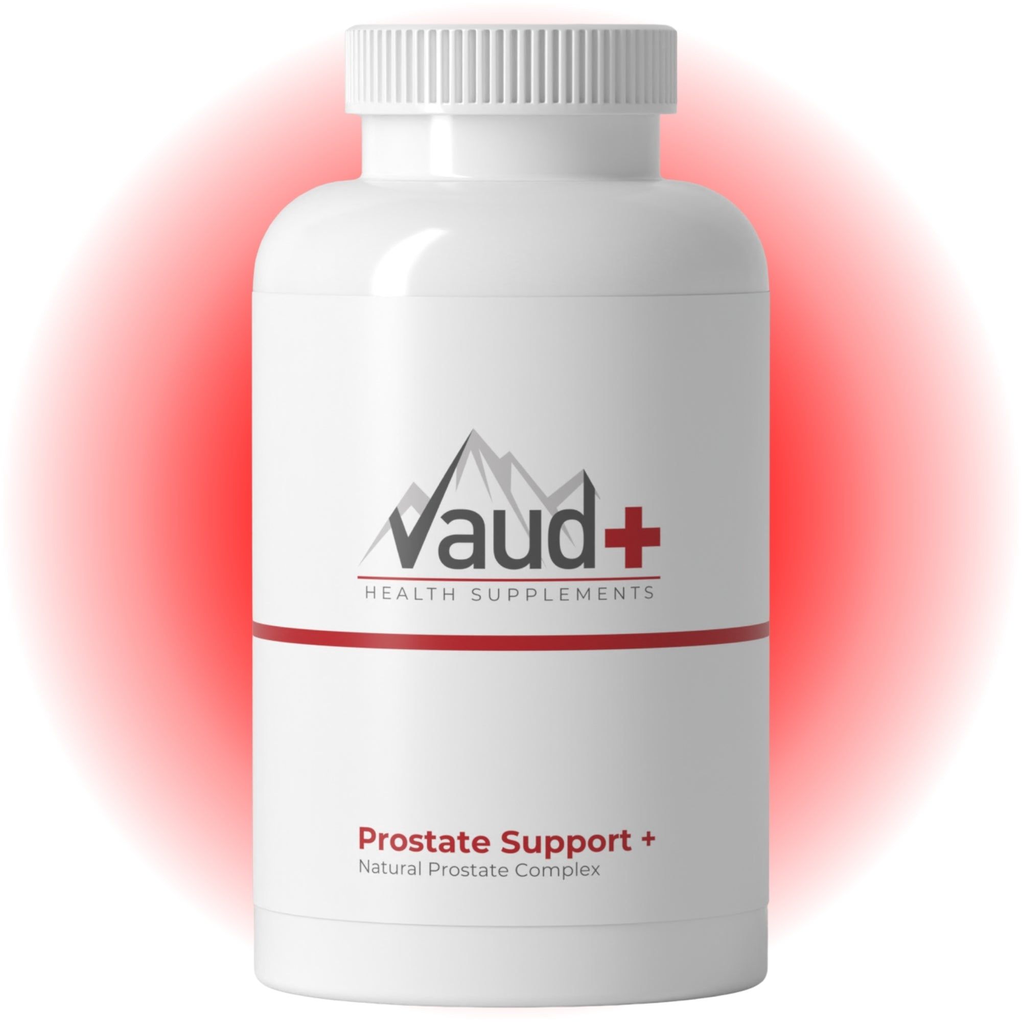 Flacon blanc avec bande rouge et texte "Vaud+". Texte : "Prostate Support + Natural Prostate Complex".