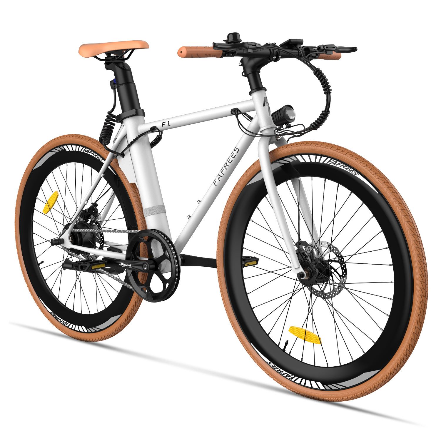 Vélo électrique Fafrees F1 blanc, pneus marron, selle marron. Guidon et selle en cuir. Le vélo est équipé d'un moteur électrique.