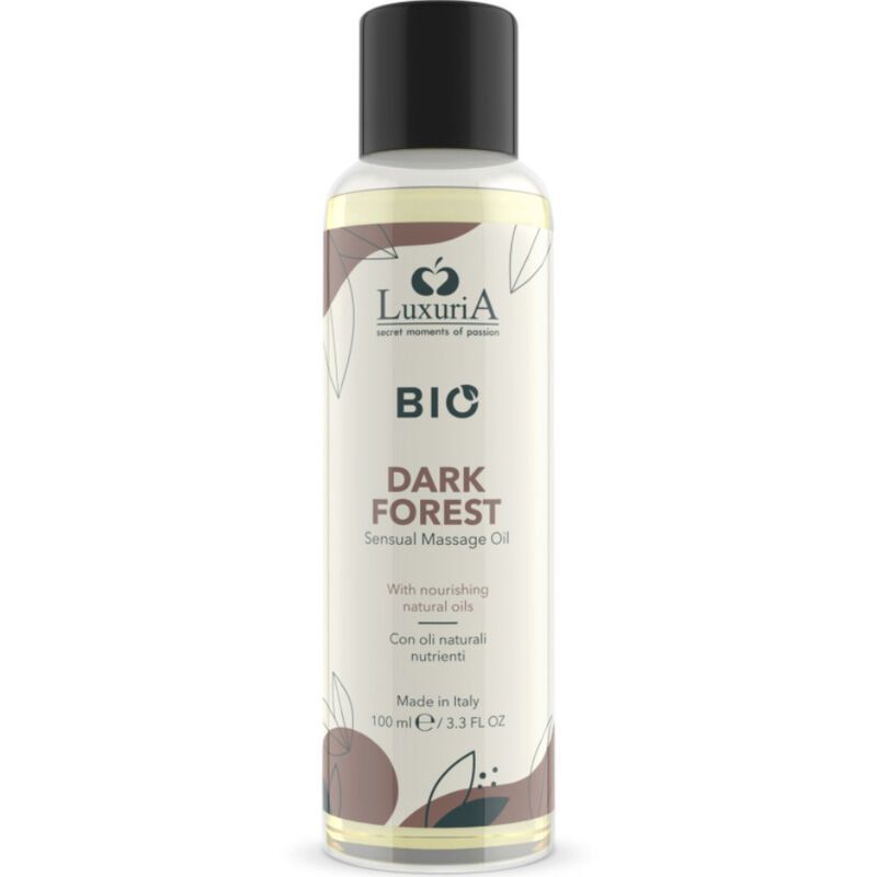 Huile de massage LuxuriA BIO Dark Forest dans une bouteille transparente avec bouchon noir. 100 ml.