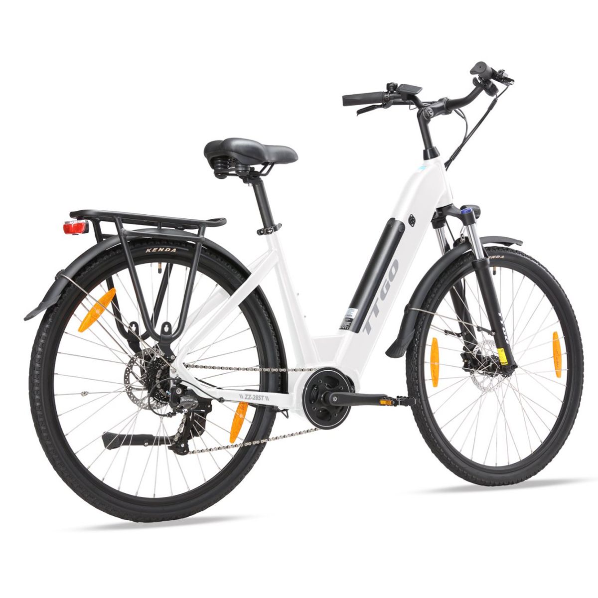 Vélo électrique blanc avec pneus noirs et porte-bagages. Logo TTGO sur le cadre.