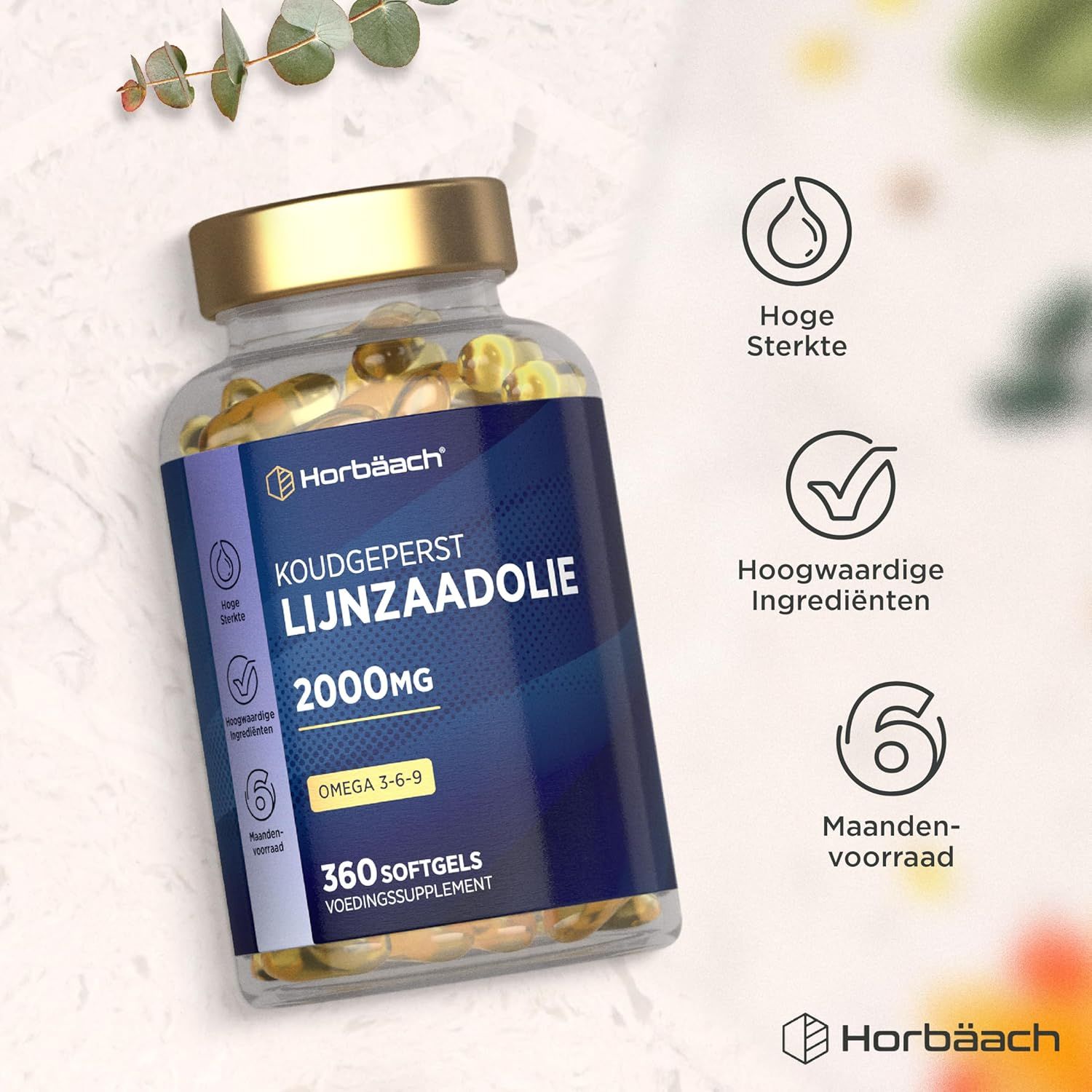 Fles met 360 koudgeperste lijnzaadolie softgels, 2000mg per softgel, Omega 3-6-9.