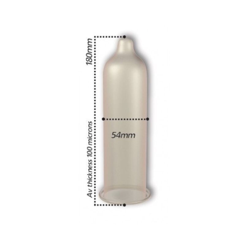 Un préservatif de 180 mm de long et 54 mm de large, épaisseur moyenne de 100 microns.