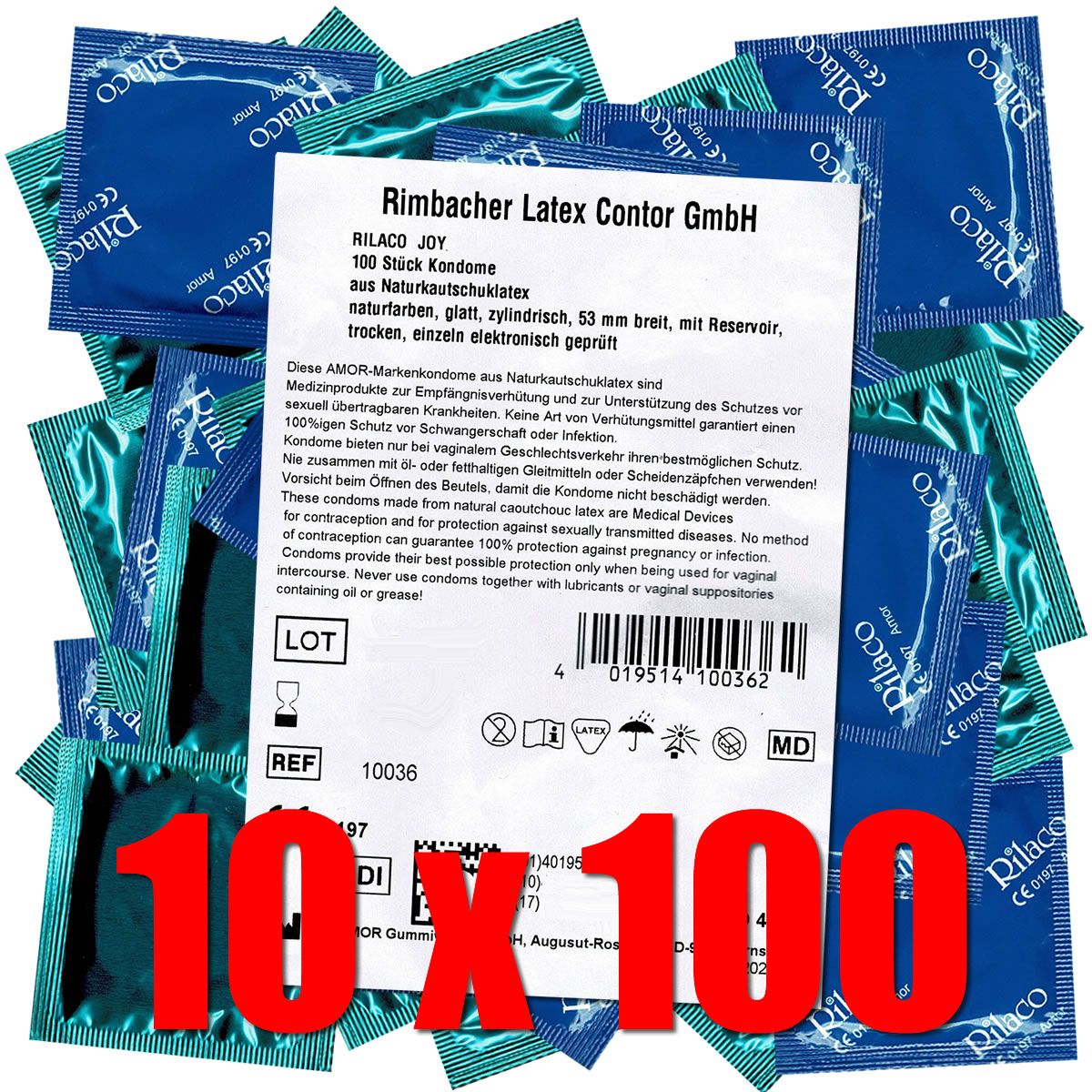 Plusieurs préservatifs dans des emballages bleus et verts. Notice avec informations produit. Inscription: Rilaco Joy.