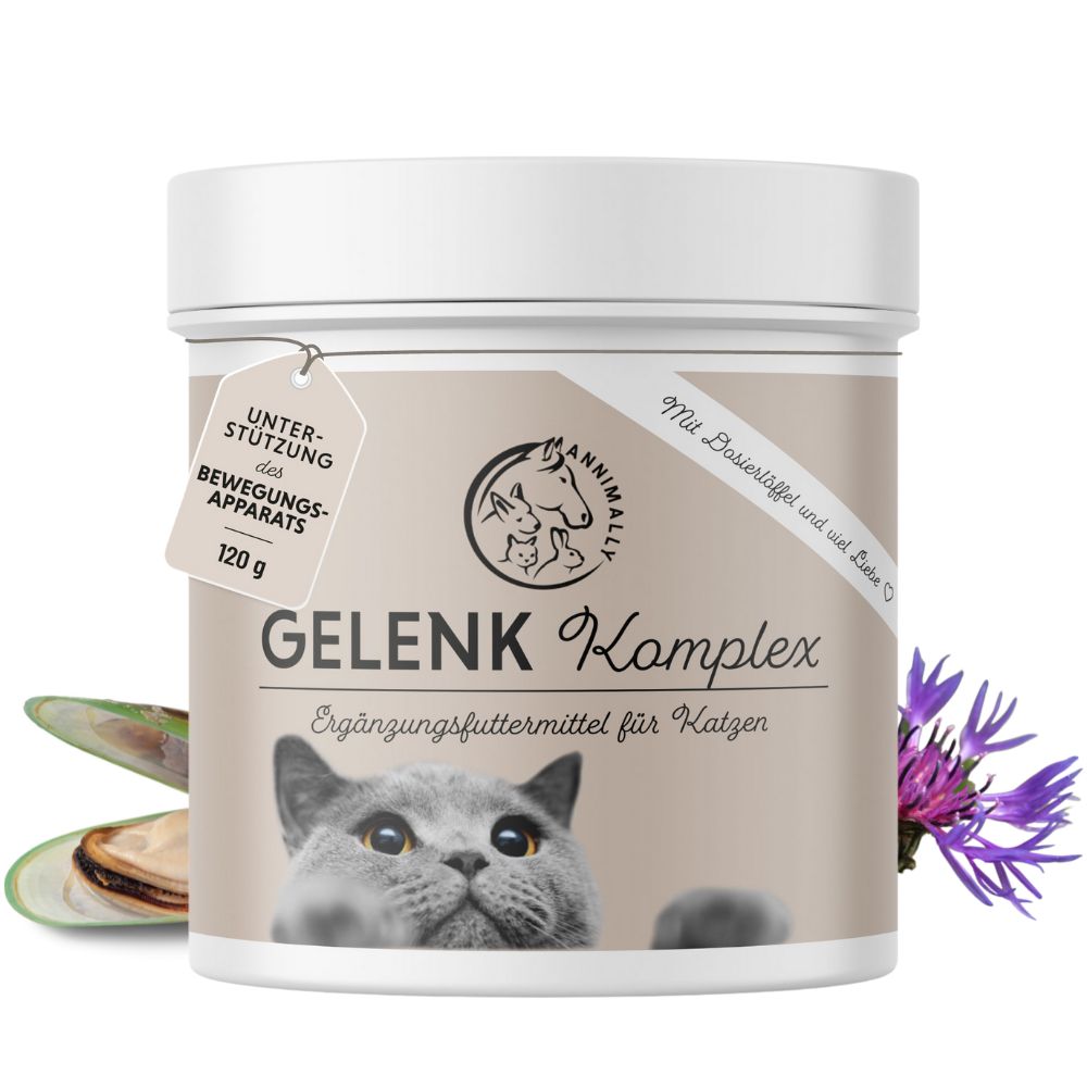 Pot Annimally Gelenk Komplex. Label met tekst. 120g. Kat kijkt.