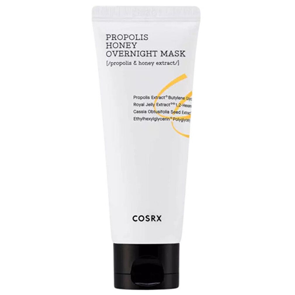 Witte tube met zwarte klepdop. Opschrift: "PROPOLIS HONEY OVERNIGHT MASK".