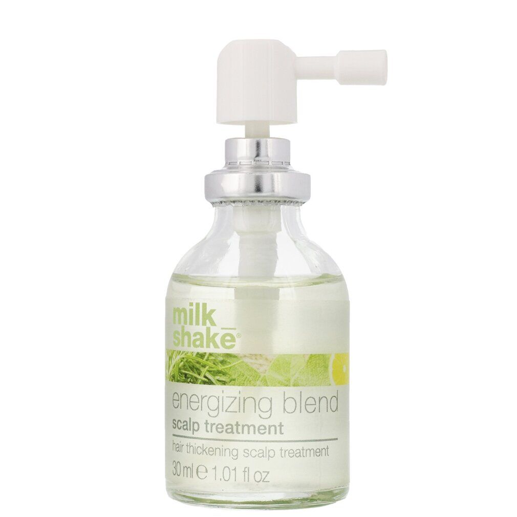 Transparante fles met verstuiver. Opschrift: energizing blend scalp treatment. 30ml.