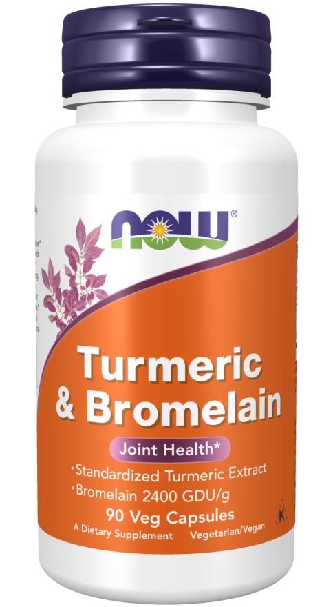 Witte fles met paarse dop. Oranje etiket met tekst: Turmeric & Bromelain, NOW logo. Voedingssupplement.