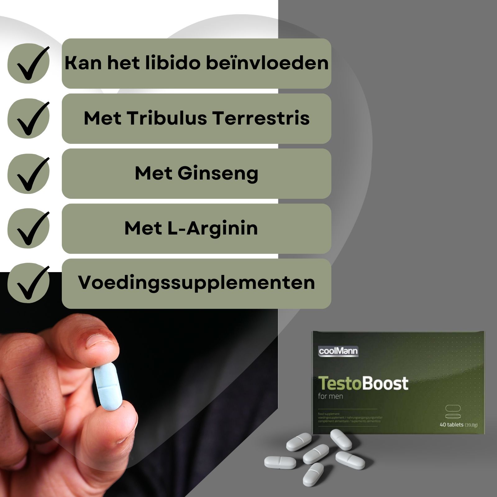 Afbeelding met Coolmann TestoBoost verpakking. Bevat informatie over ingrediënten en gebruik.