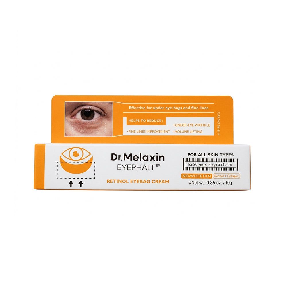 Verpakking van Dr. Melaxin Retinol oogcrème met toepassingsvoorbeelden.