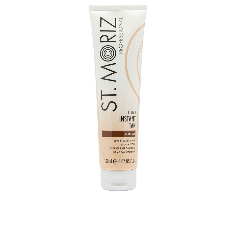 Tube de St. Moriz Professional 1 Day Instant Tan Medium. Dégradé blanc-brun, nom et détails du produit.