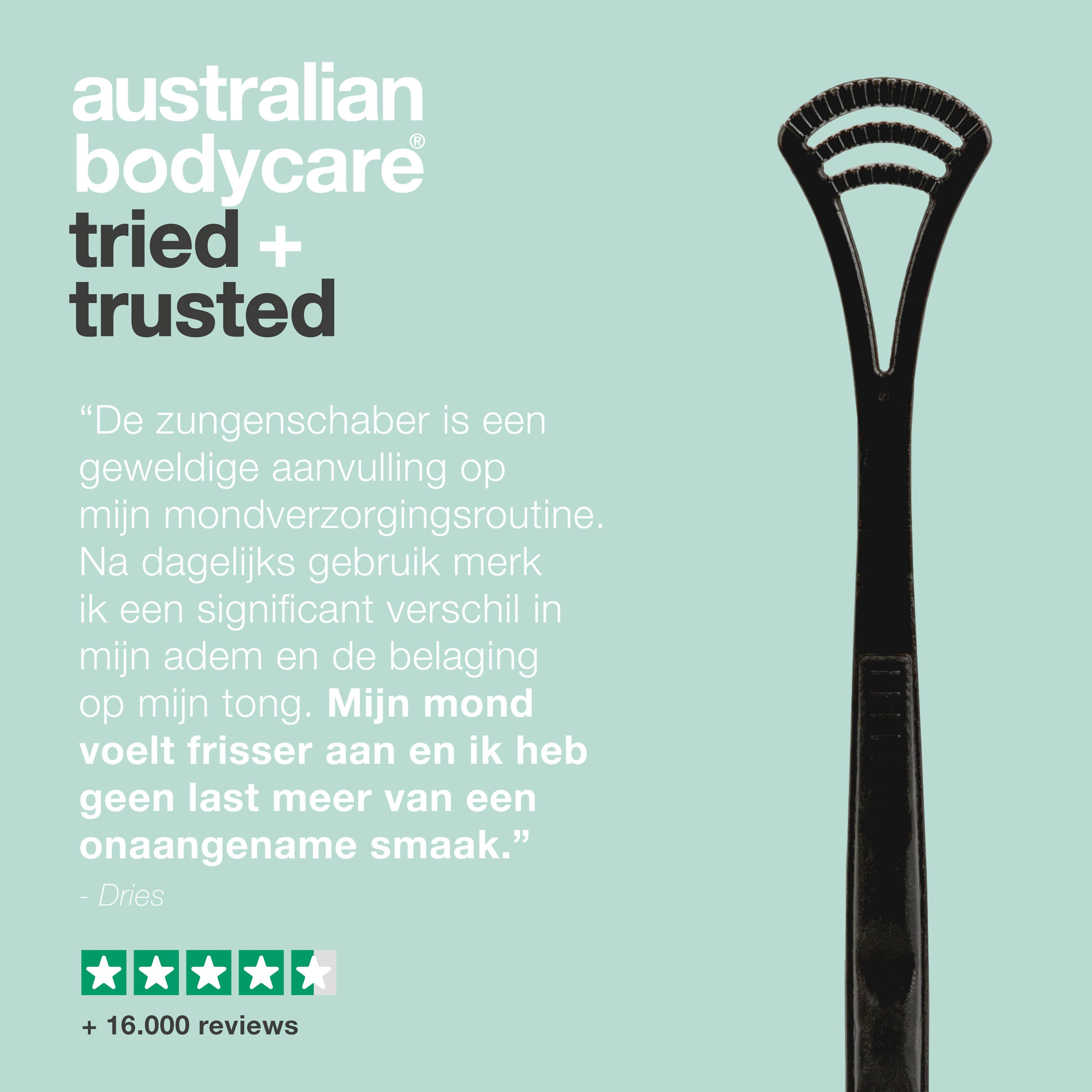 Zwarte tongschraper. Tekst: Australian Bodycare, getest. Citaat: mondhygiëne verbeterd.