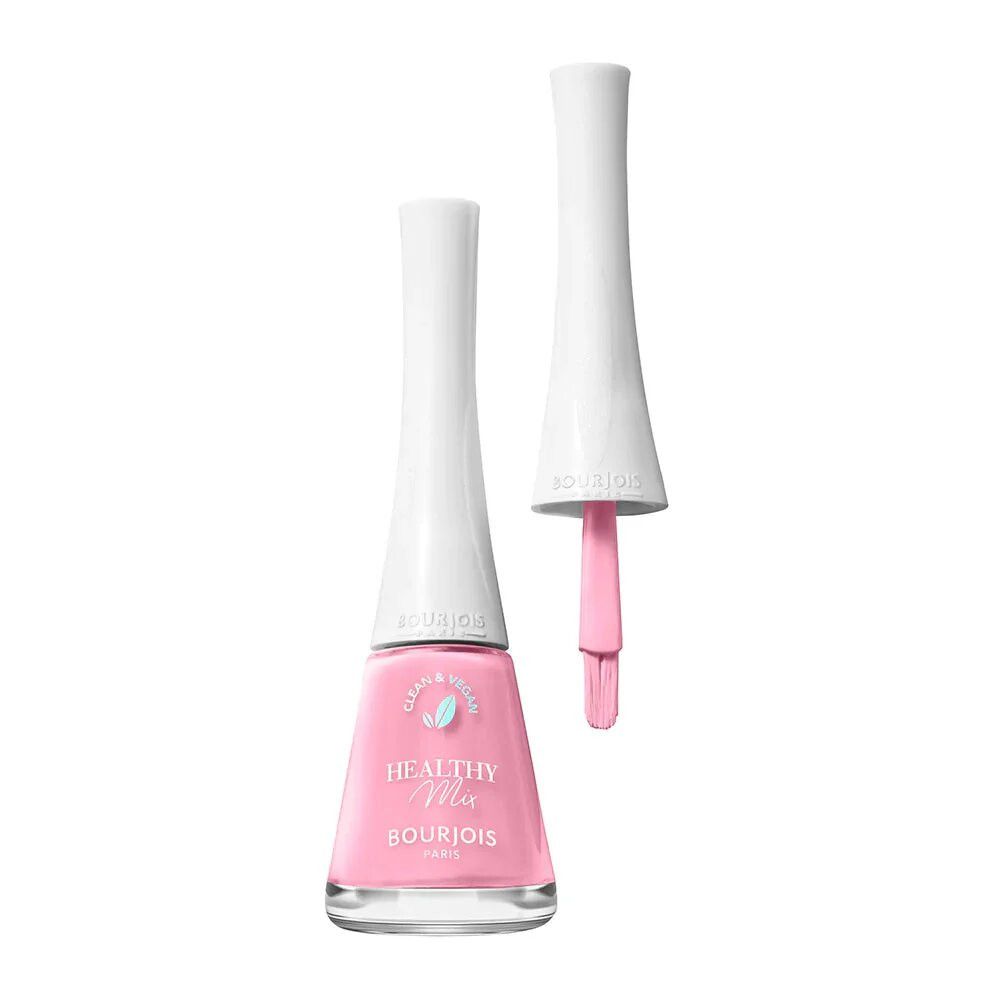 Roze nagellakfles met witte dop en borstel. Opschrift: Healthy Mix, Bourjois Paris. Dop ernaast.