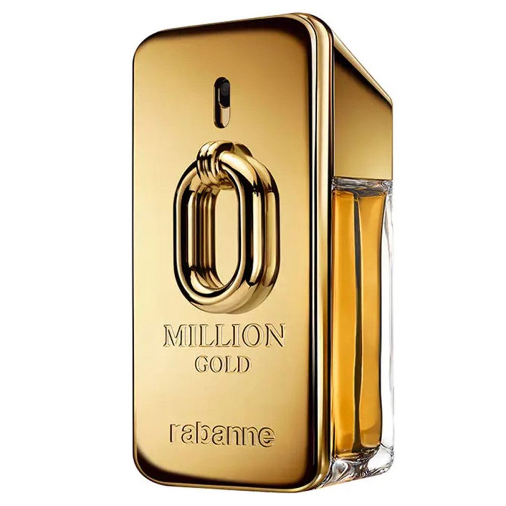Gouden flacon met "Million Gold" en "rabanne". Rechthoekige vorm, gouden sluiting. Intense parfum.