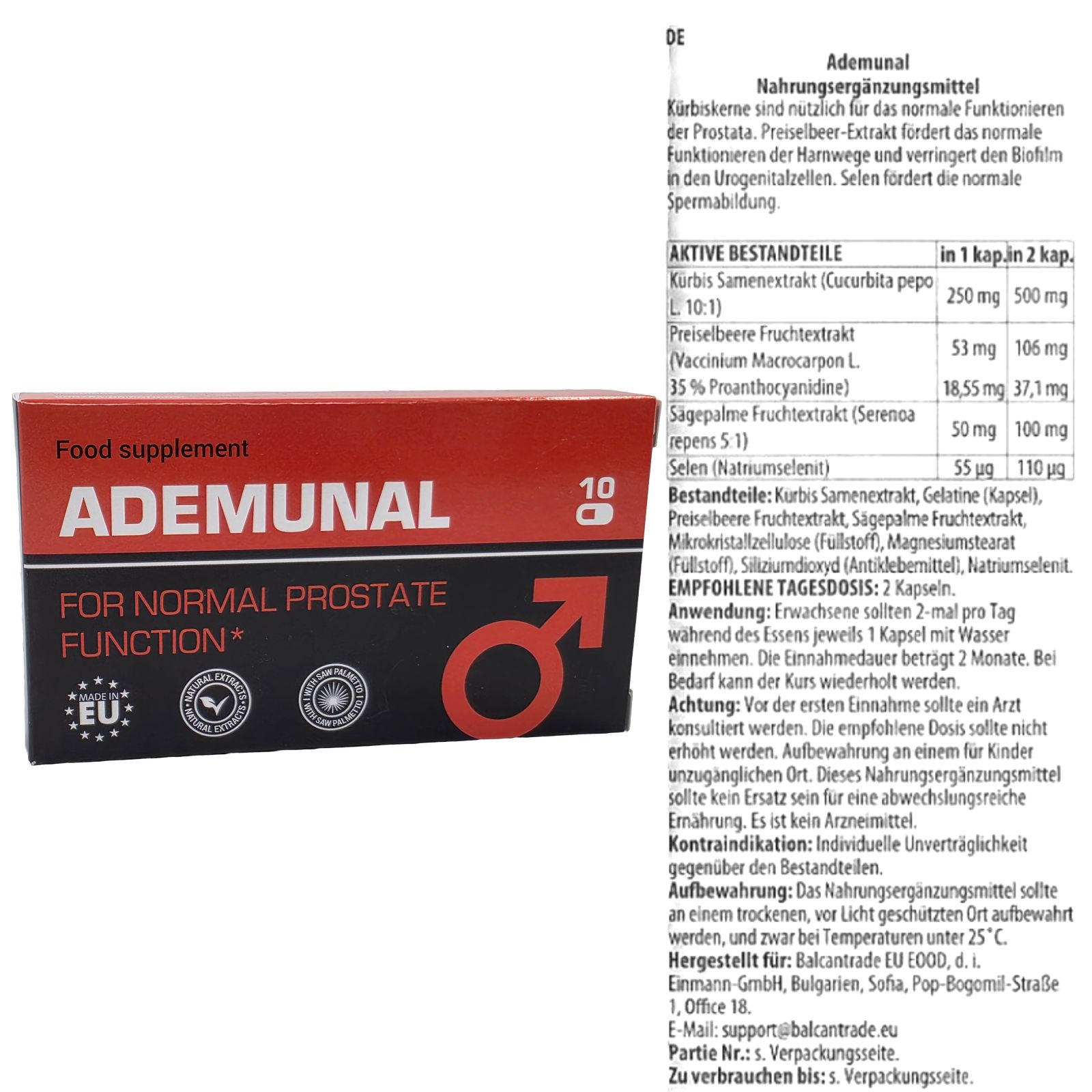 Rode en zwarte doos met opschrift. Bevat 10 capsules. Opschrift: ADEMUNAL, FOR NORMAL PROSTATE FUNCTION. EU-certificering.
