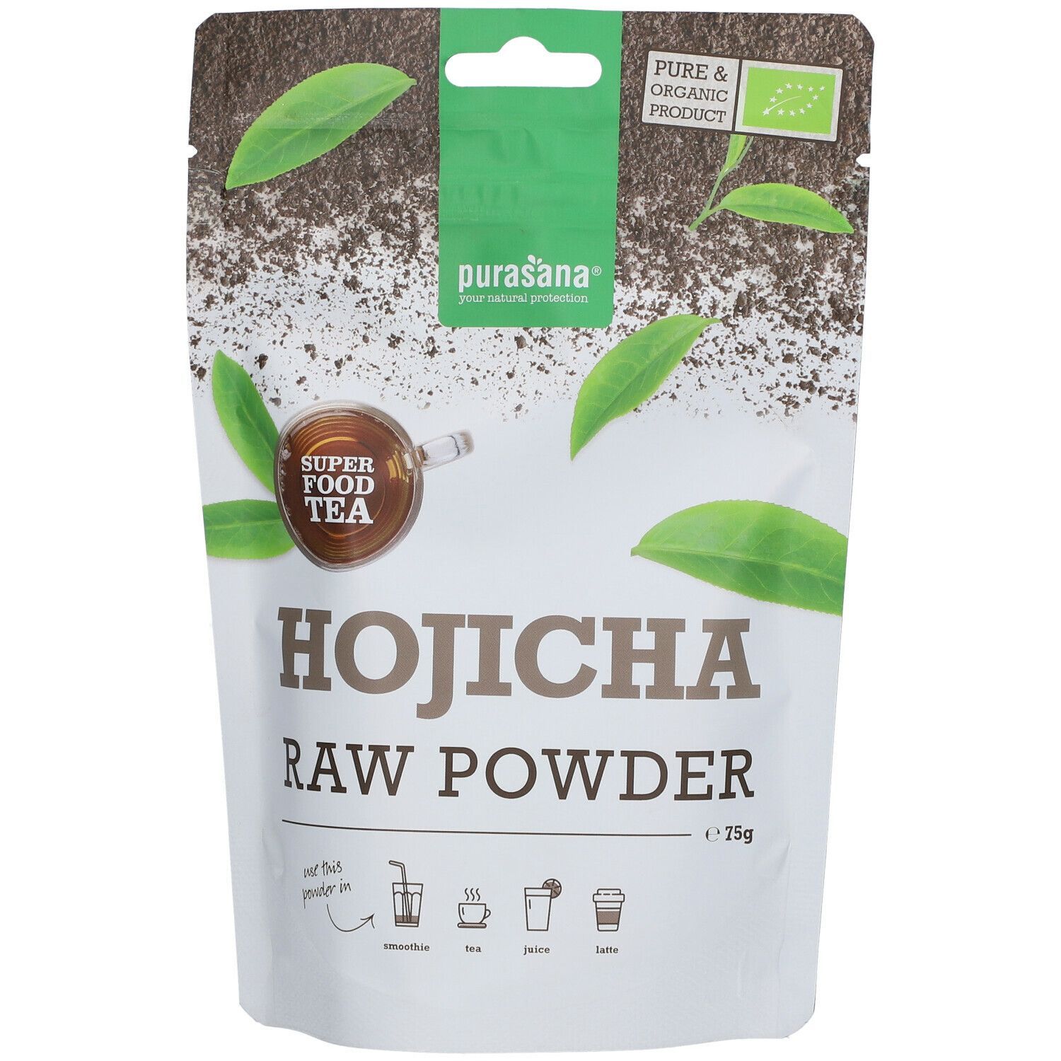 Verpakking met Hojicha-poeder. Opschrift: Hojicha Raw Powder. Logo: purasana®.