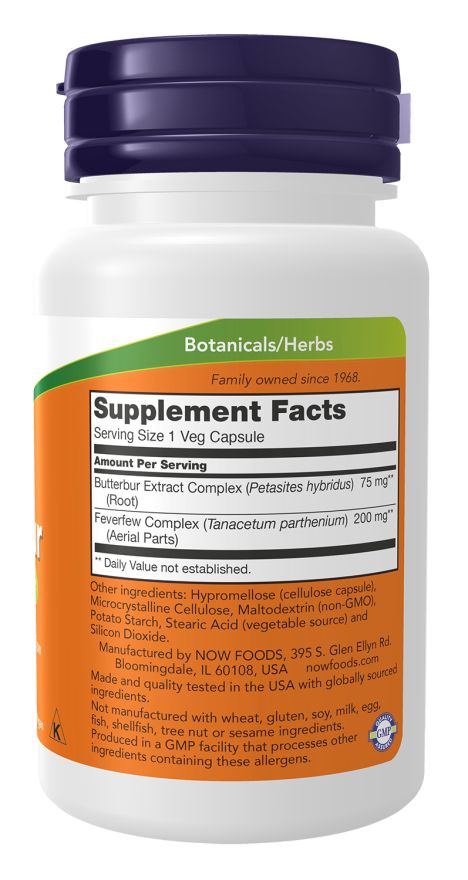 Dos du flacon. Contient des informations sur les ingrédients et les valeurs nutritionnelles. "Butterbur" et "Feverfew" sont listés.
