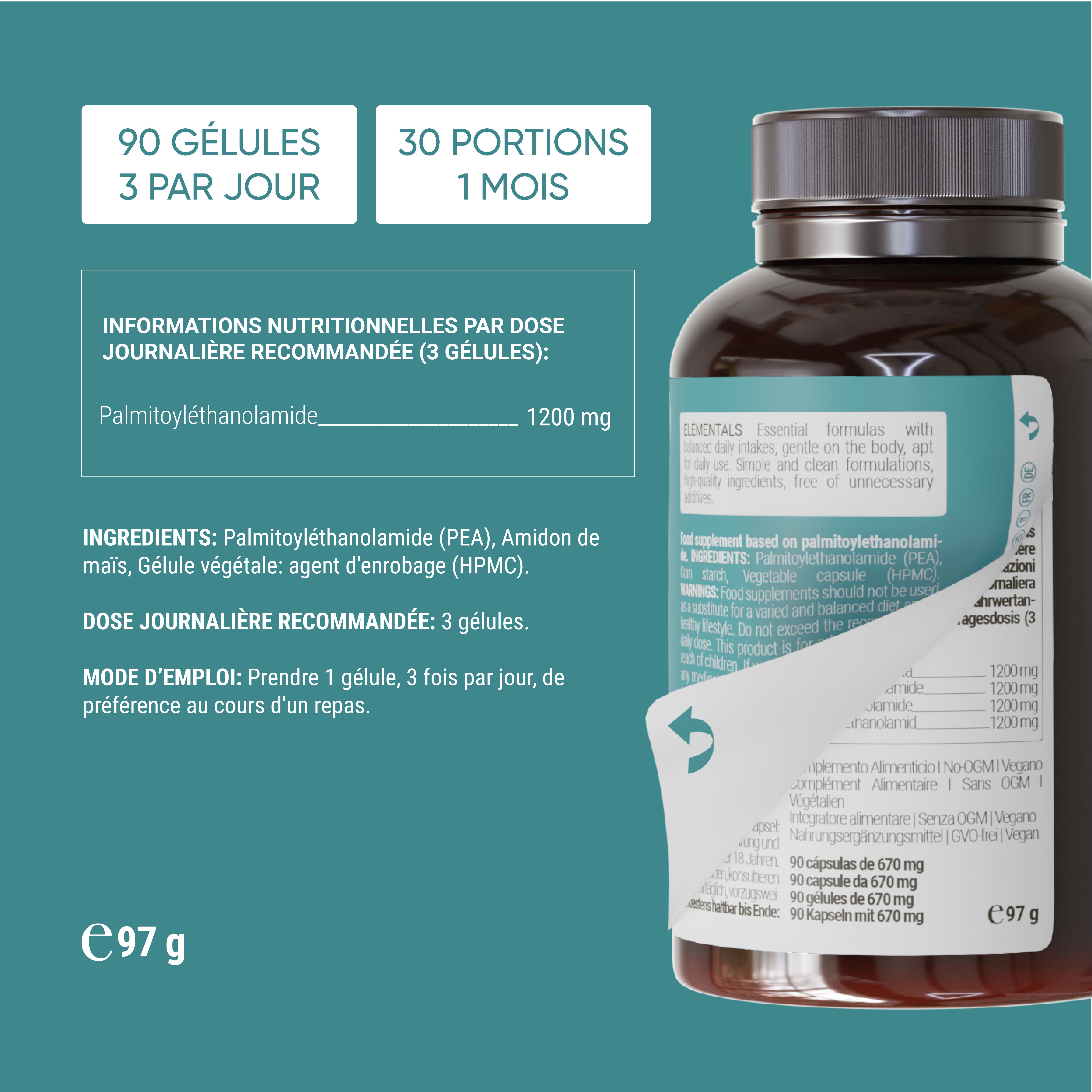 Fles met 90 PEA 400mg capsules, 30 porties. Bevat 1200mg Palmitoylethanolamide per 3 capsules. Ingrediënten: Palmitoylethanolamide, maïszetmeel, plantaardige capsule.