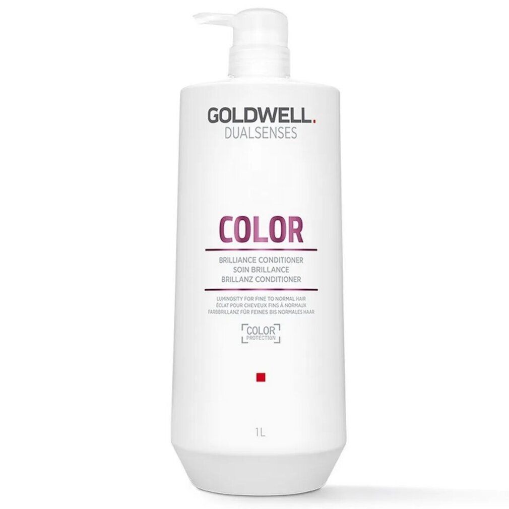 Flacon Goldwell Dual Senses Color Conditioner. Blanc, avec pompe. Inscription: COLOR, Brilliance Conditioner. 1L.