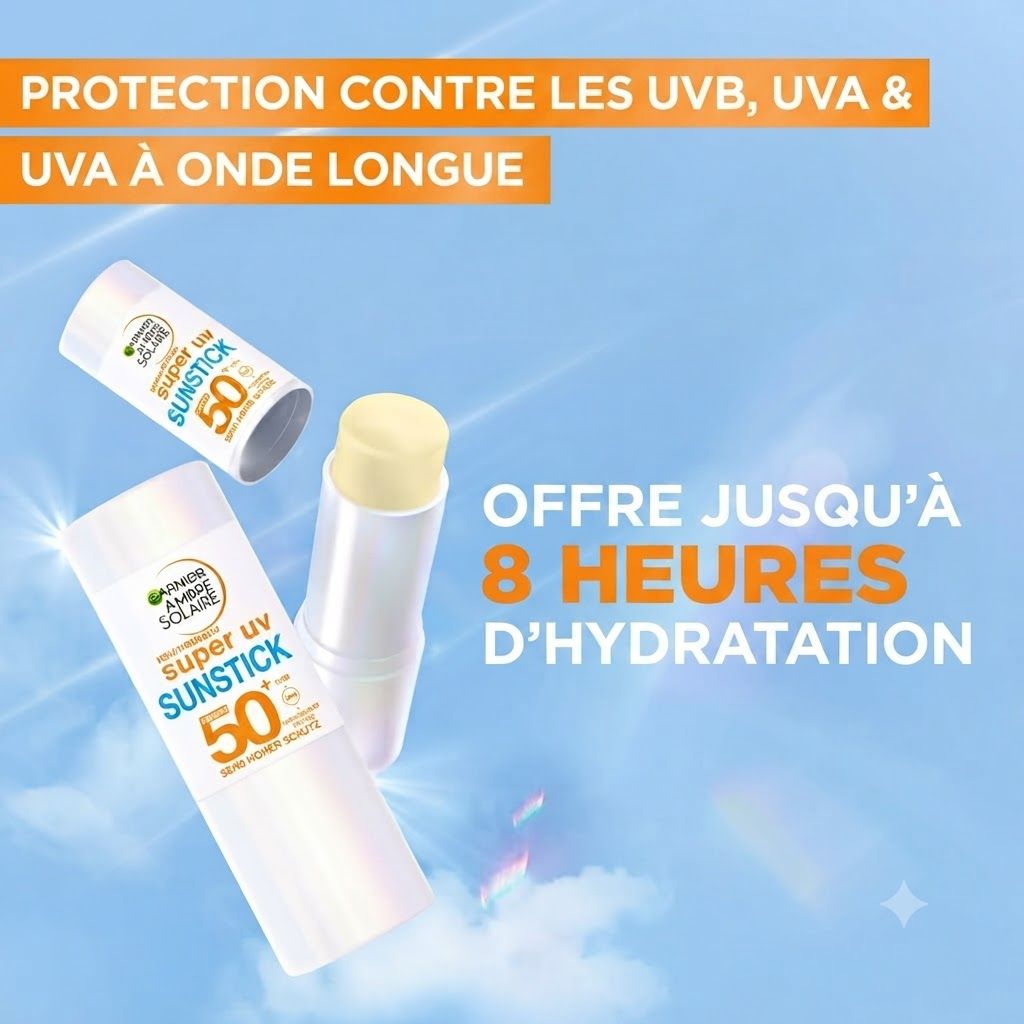 Deux sticks solaires Garnier Ambre Solaire Super UV Sunstick 50, dont un ouvert, sur fond de ciel bleu.