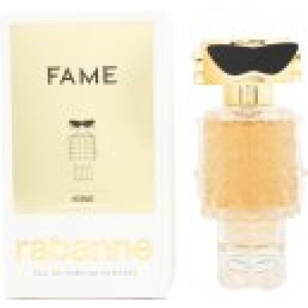 Gouden fles in robotvorm met zwarte zonnebril. Witte doos met gouden opschrift "FAME" en "rabanne".