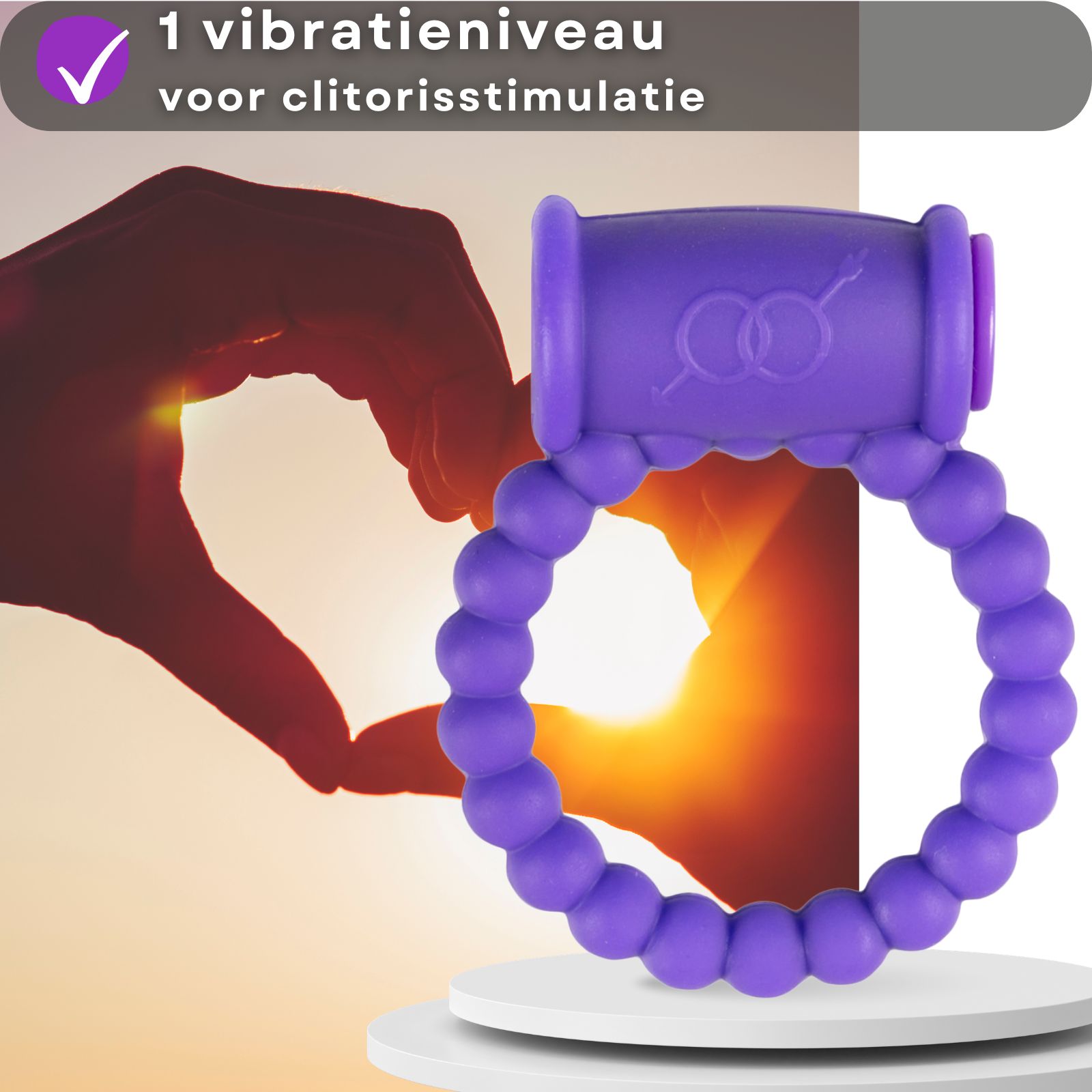Penisring voor zonsondergang, tekst: 1 vibratieniveau voor clitorisstimulatie.