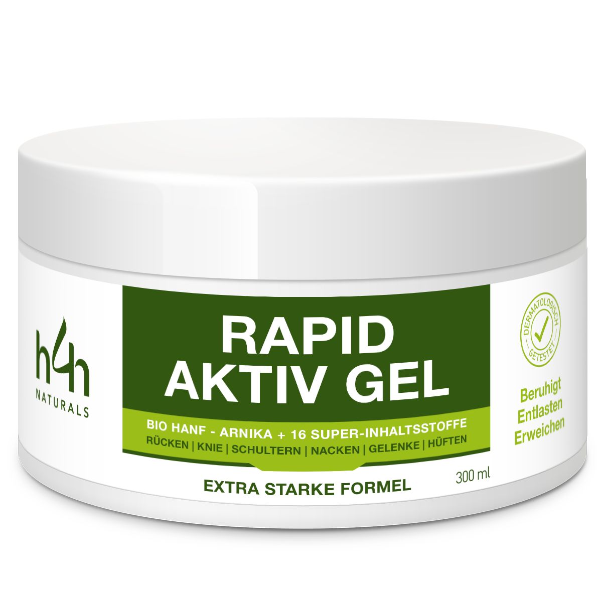 Witte pot met groen etiket. Tekst: Rapid Aktiv Gel. Ingrediënten: Bio hennep, Arnica, 16 super ingrediënten. Dermatologisch getest.