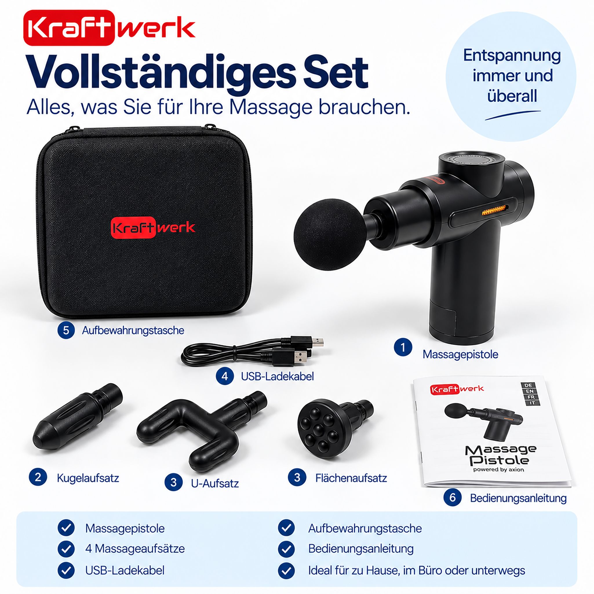 Ensemble complet : pistolet de massage, 4 embouts, câble USB, manuel, étui.