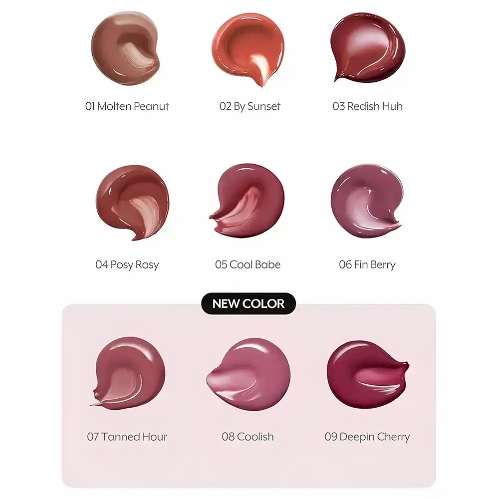 Kleurenpalet met lipstick swatches. De kleuren zijn genummerd en benoemd, waaronder "08 Coolish".