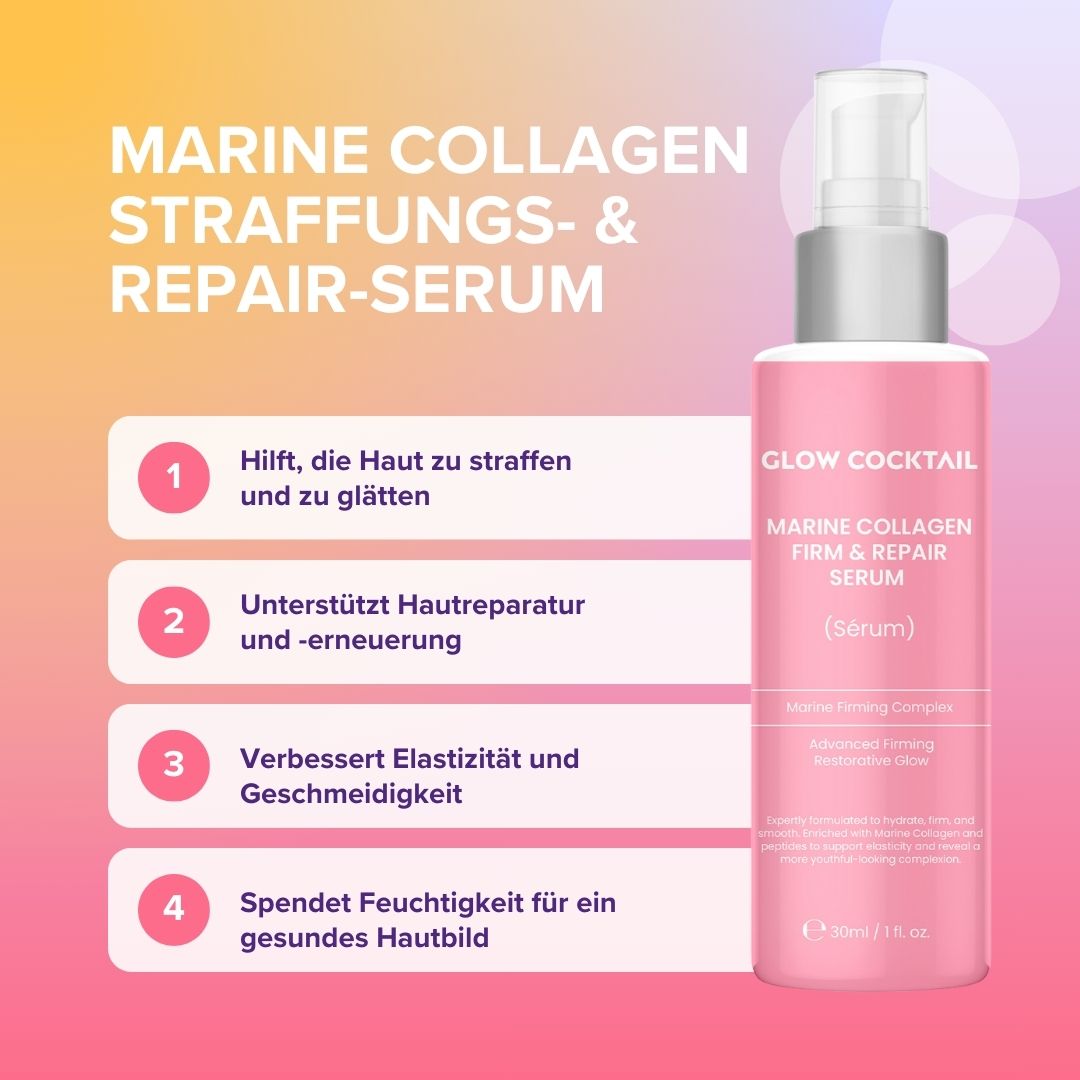 Flacon de sérum rose avec texte et avantages numérotés. Inscription : Glow Cocktail, Marine Collagen Firm & Repair Serum. Contient du texte sur les ingrédients.