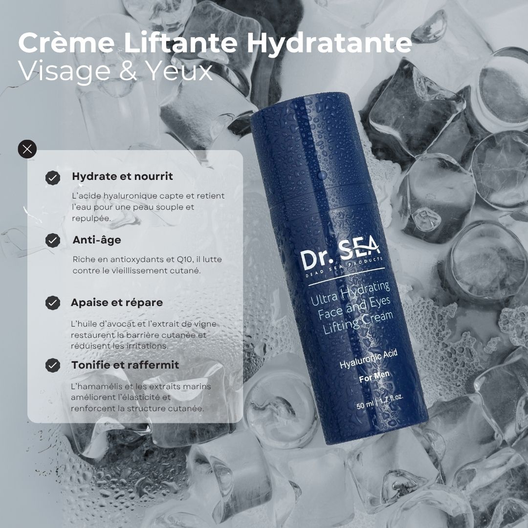 Flacon de crème bleu avec texte. Inscription : Dr. SEA, Ultra Hydrating Face and Eyes Lifting Cream. Fond : glaçons.
