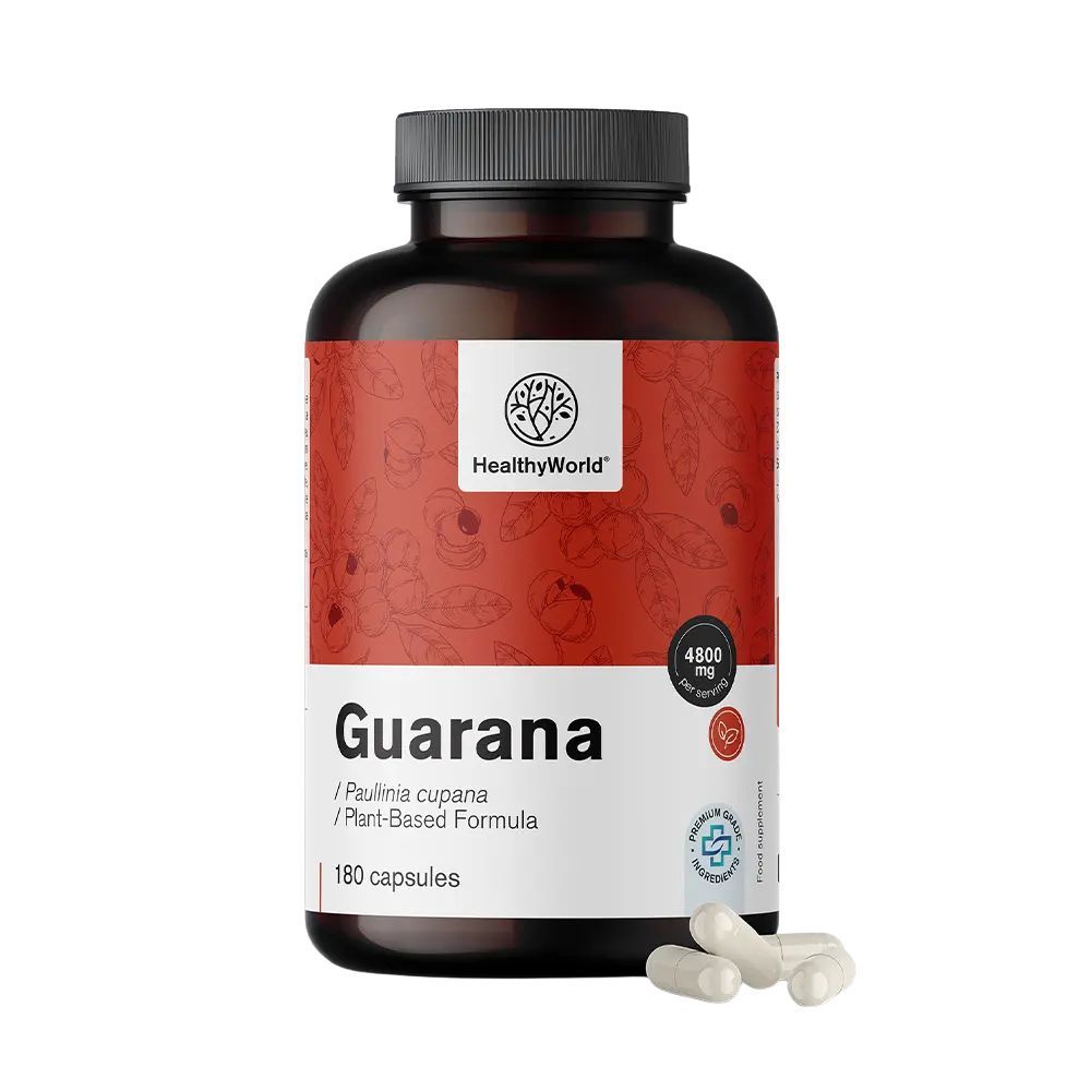Bruine fles met capsules. Opschrift: Guarana, 4800 mg, 180 capsules. Logo: HealthyWorld.