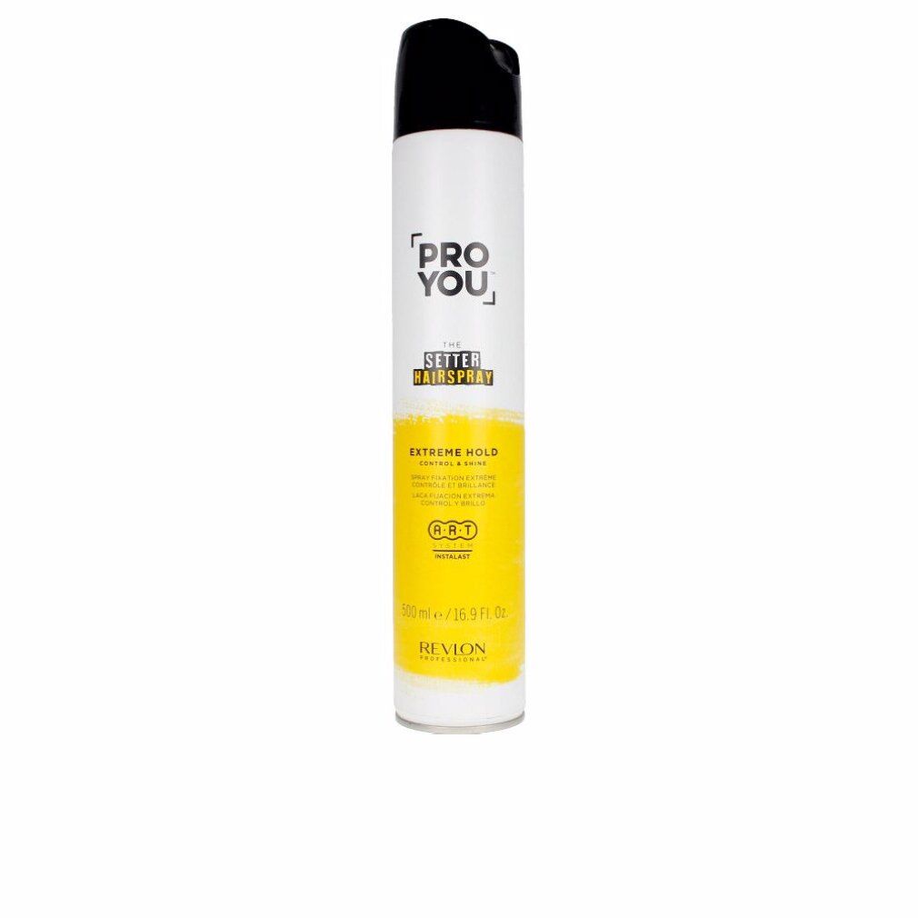 Witte haarspraybus met zwarte dop. Opschrift: PRO YOU, THE SETTER HAIRSPRAY, EXTREME HOLD. Merk: Revlon.