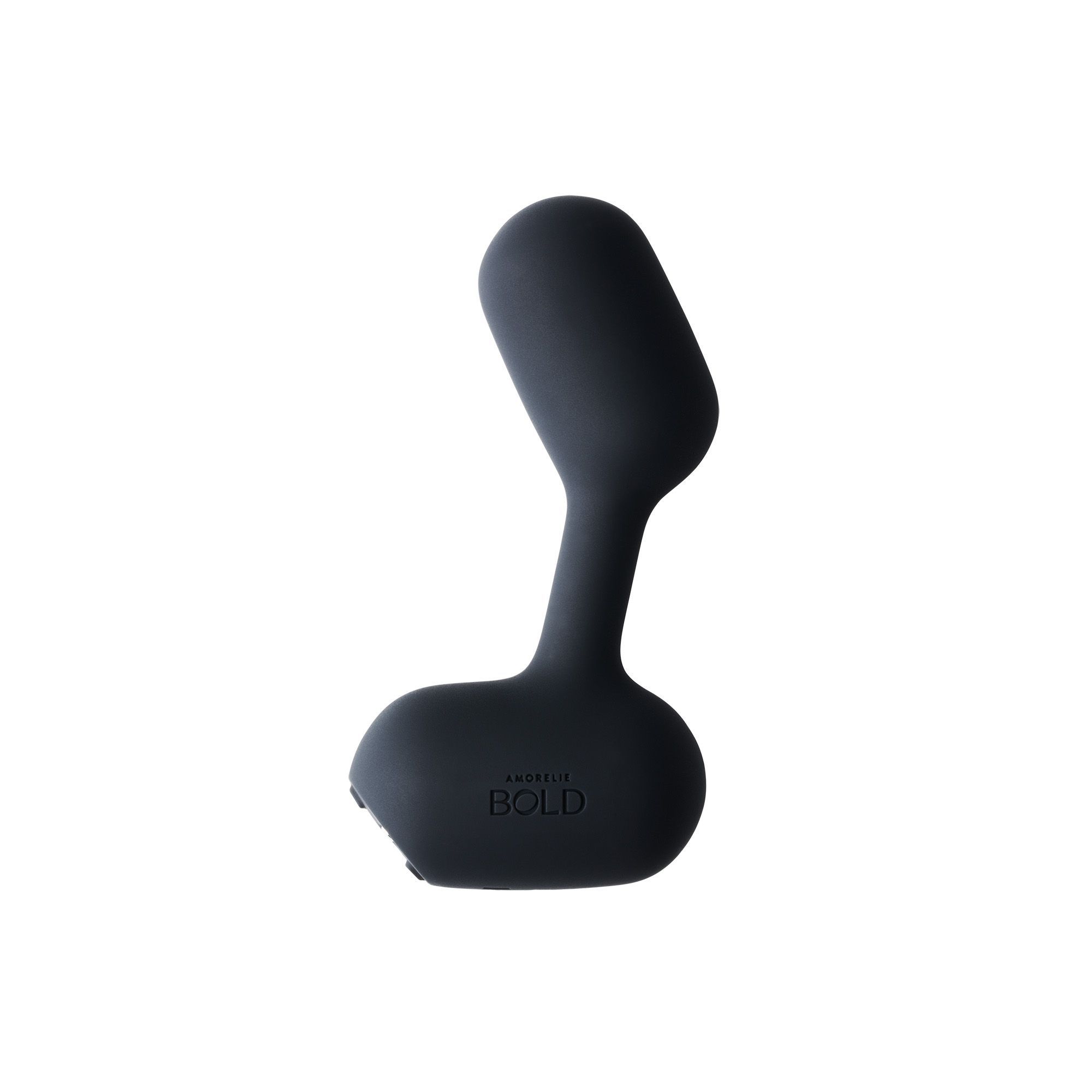 Produit de bien-être noir avec logo AMORELIE BOLD. Forme ergonomique.