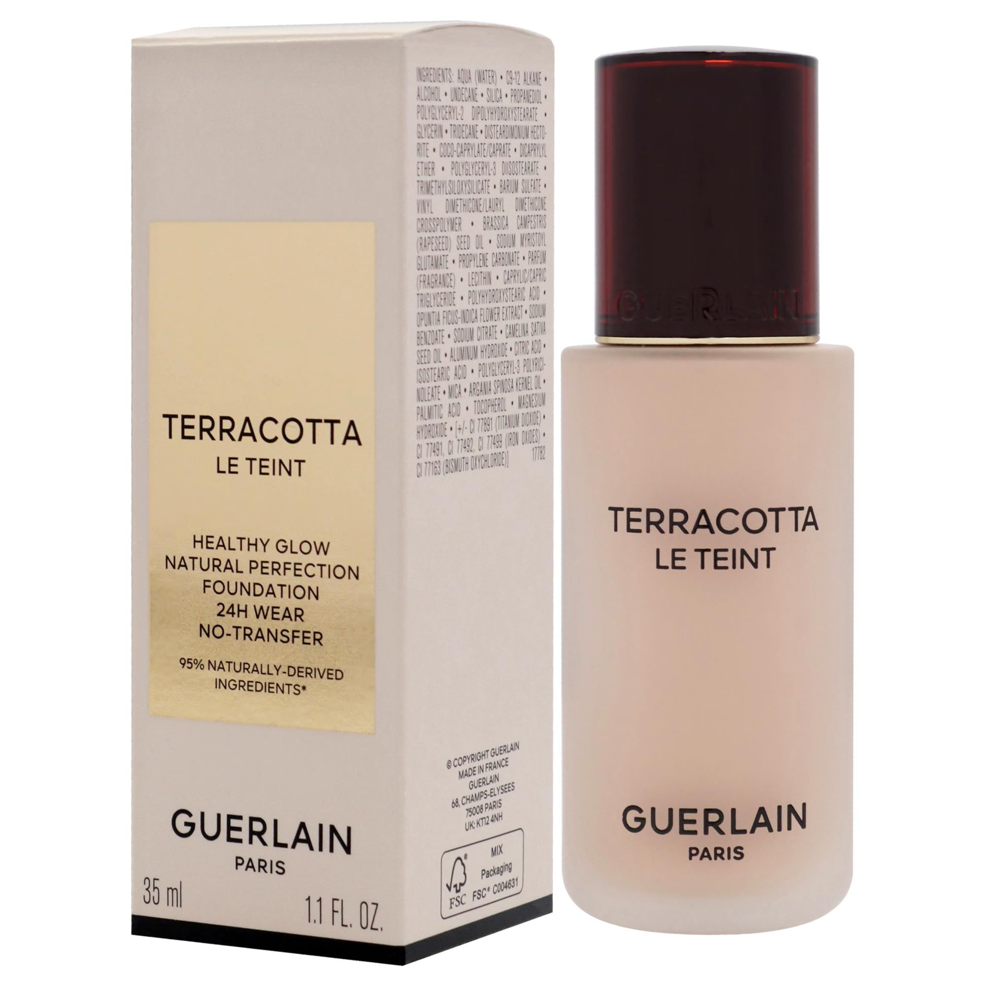 Flesje en verpakking. Opschrift: Terracotta Le Teint, Guerlain Paris. 35 ml, 1.1 FL OZ. Tint 1N.