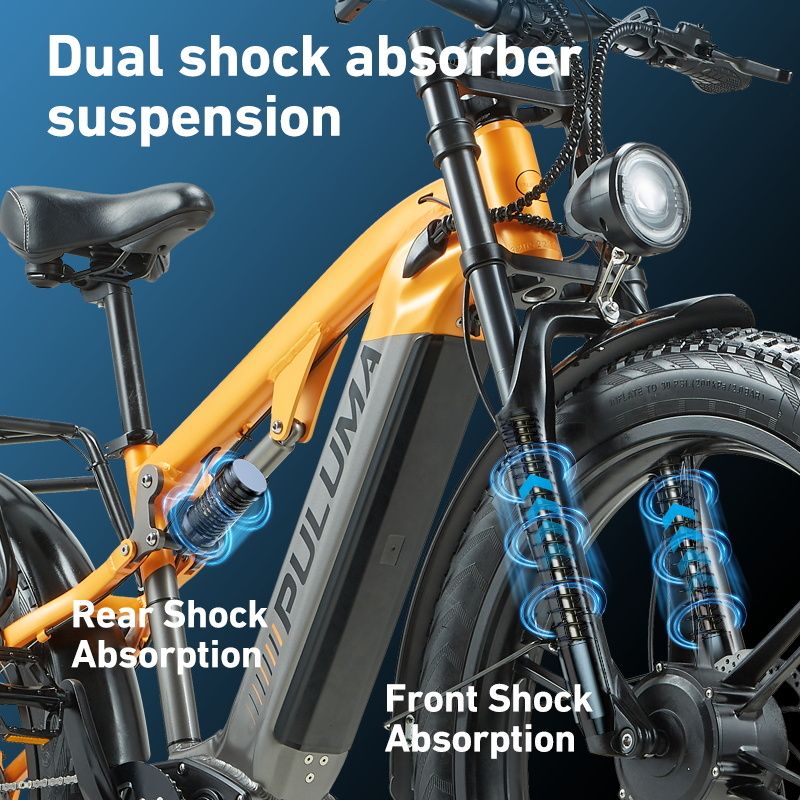 Elektrische fiets met dubbele schokdempervering. Voor- en achtervering. Geel-zwart ontwerp.