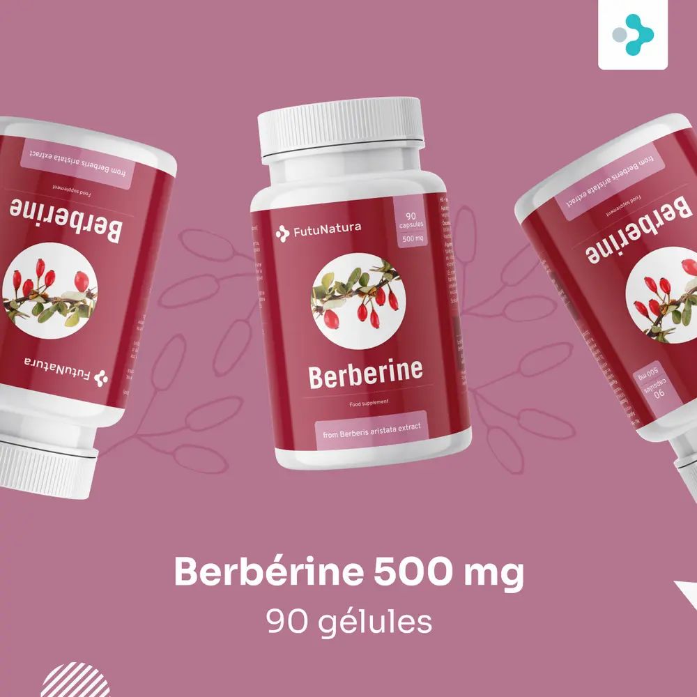 Trois flacons de gélules de berbérine. Texte: Berberine 500 mg, 90 gélules.