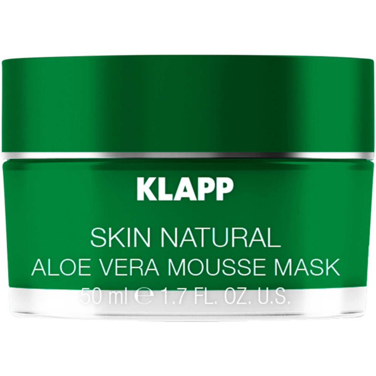 Groene pot met zilveren deksel. Opschrift: Klapp Skin Natural Aloe Vera Mousse Mask. Productvolume: 50 ml.