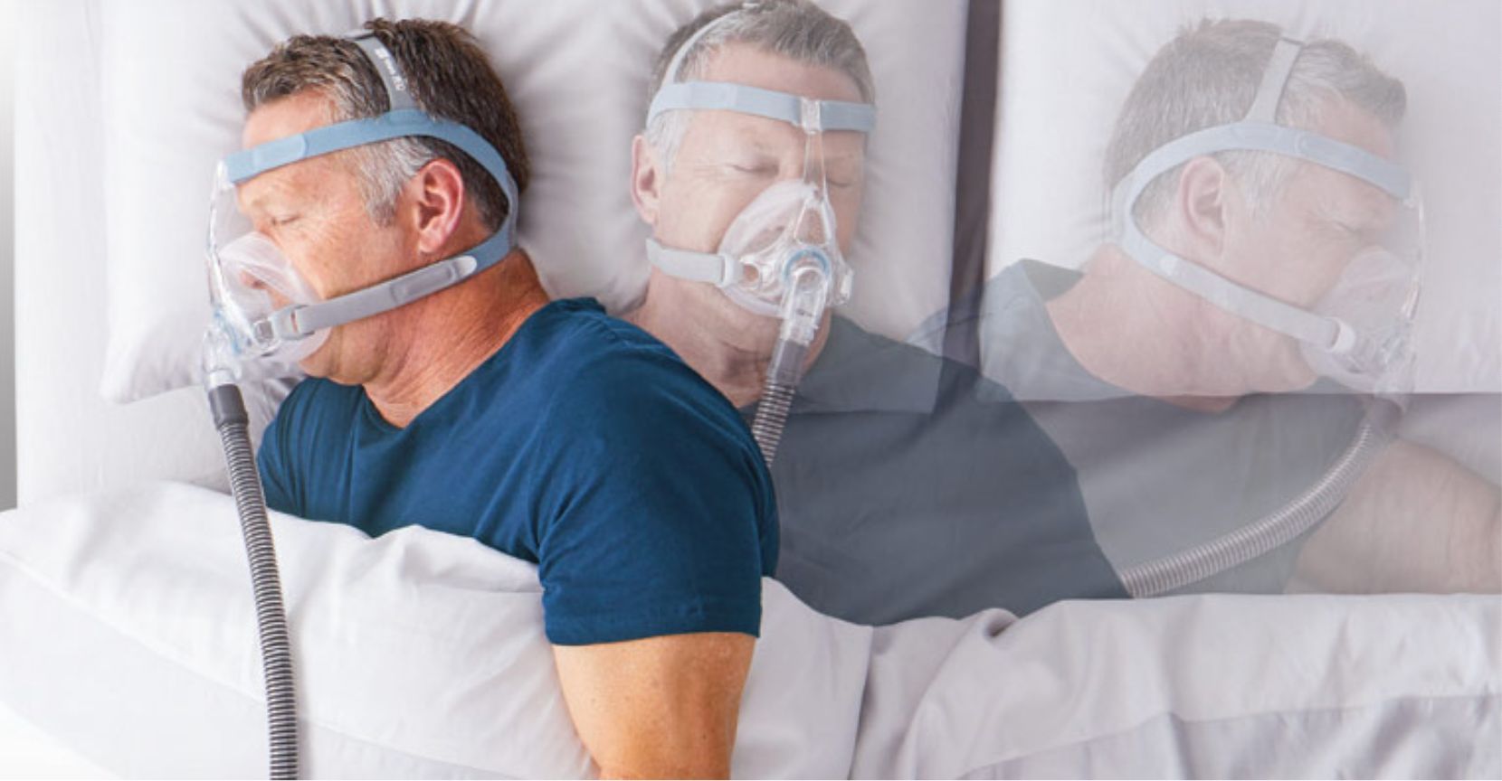 Homme dormant avec masque CPAP. Plusieurs vues montrent le masque.