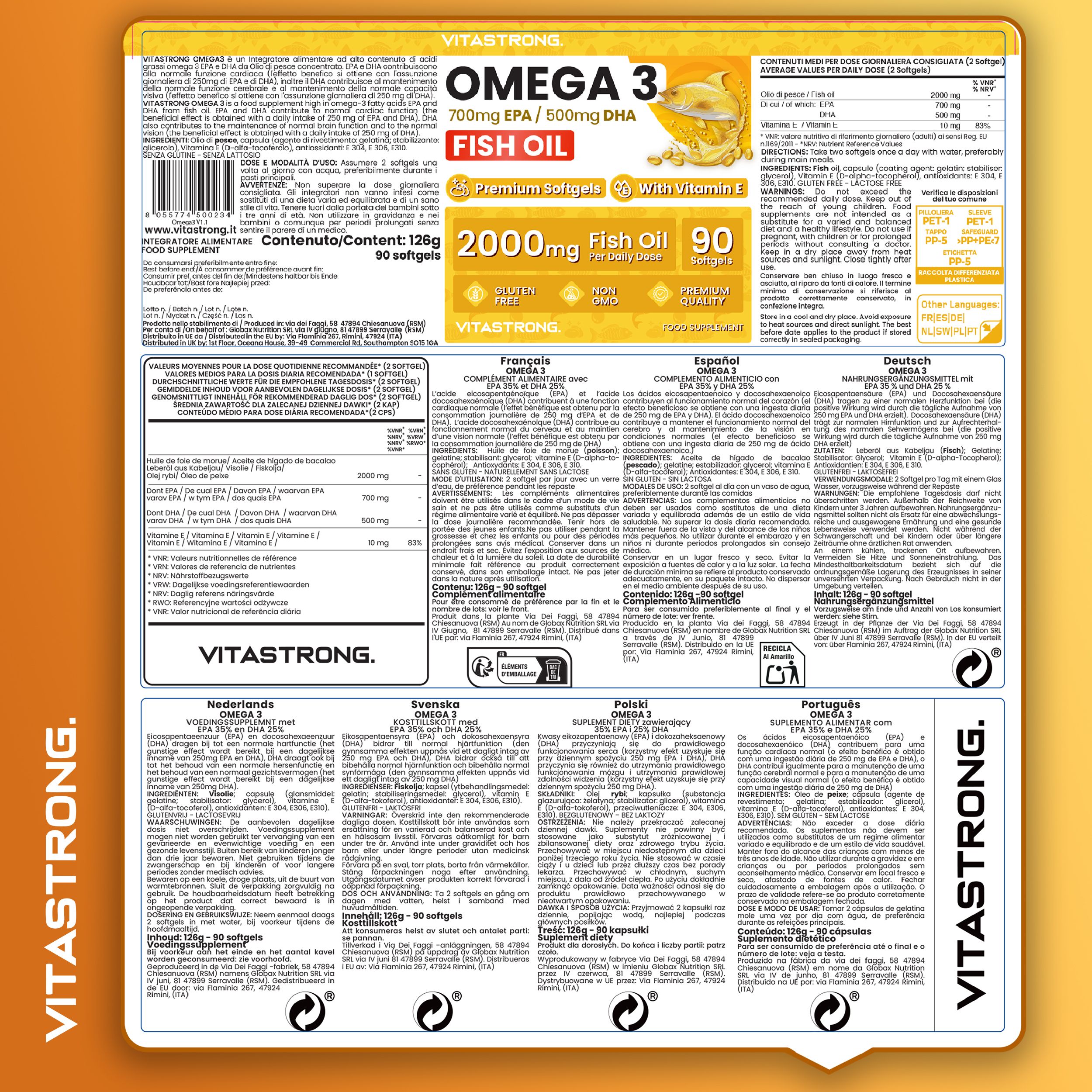 Achterkant van de Omega 3 fles. Meertalige informatie. Tekst: 126g, 90 softgels. Ingrediënten, voedingswaarde.
