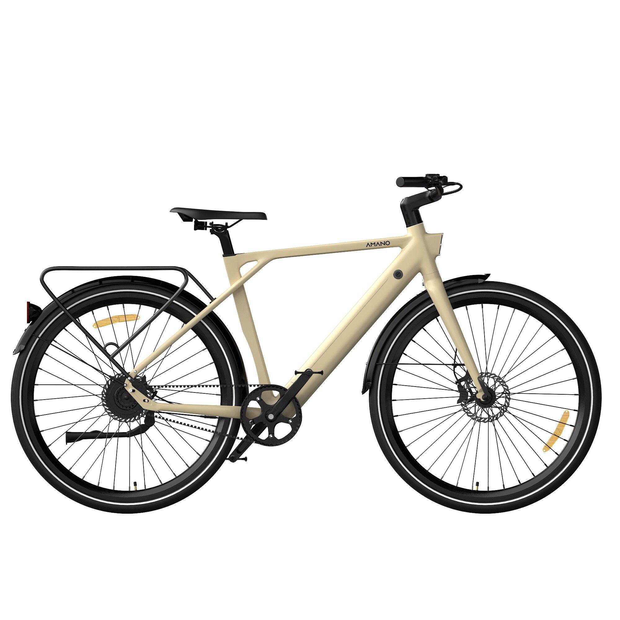 Vélo électrique beige, pneus noirs, porte-bagages. Marque AMANO visible. Protection de chaîne et selle.