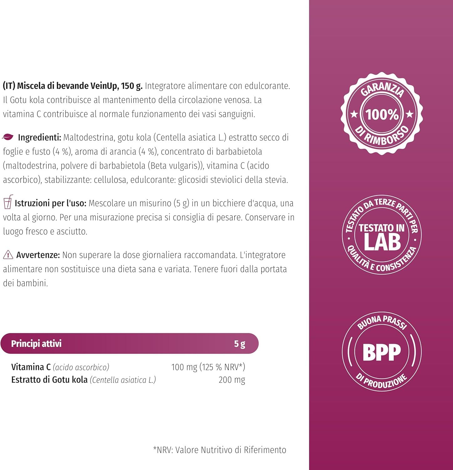 Informations produit pour Nature's Finest VEIN UP. Ingrédients, utilisation, avertissements. Certifications.