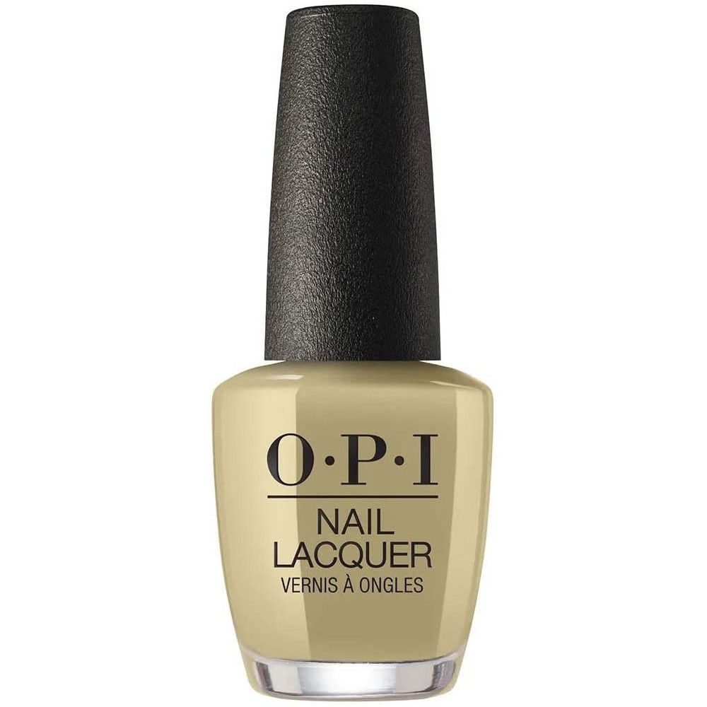 Nagellakfles met zwarte dop. Opschrift: OPI, Nail Lacquer, Vernis à Ongles. Lichtgele kleur.