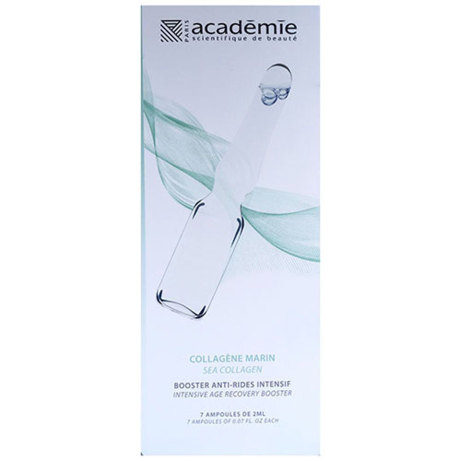 Verpakking Académie. Afbeelding van ampul. Tekst: Collagène Marin, Sea Collagen, Booster Anti-Rides Intensif. 7 ampullen.