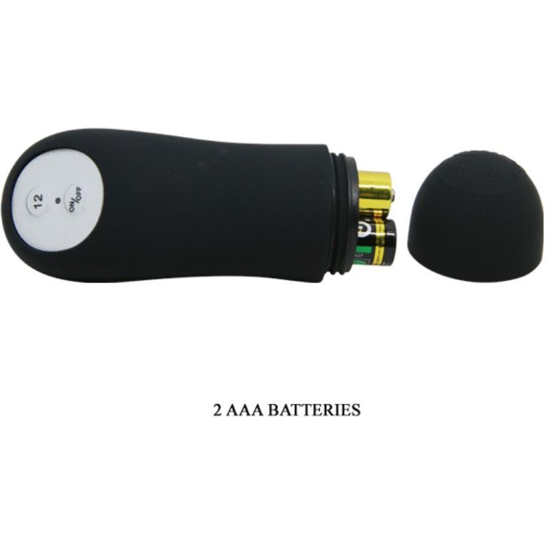 Zwart bedieningsapparaat met twee knoppen: 'VIBRATION BUTTON' en 'ON/OFF'.