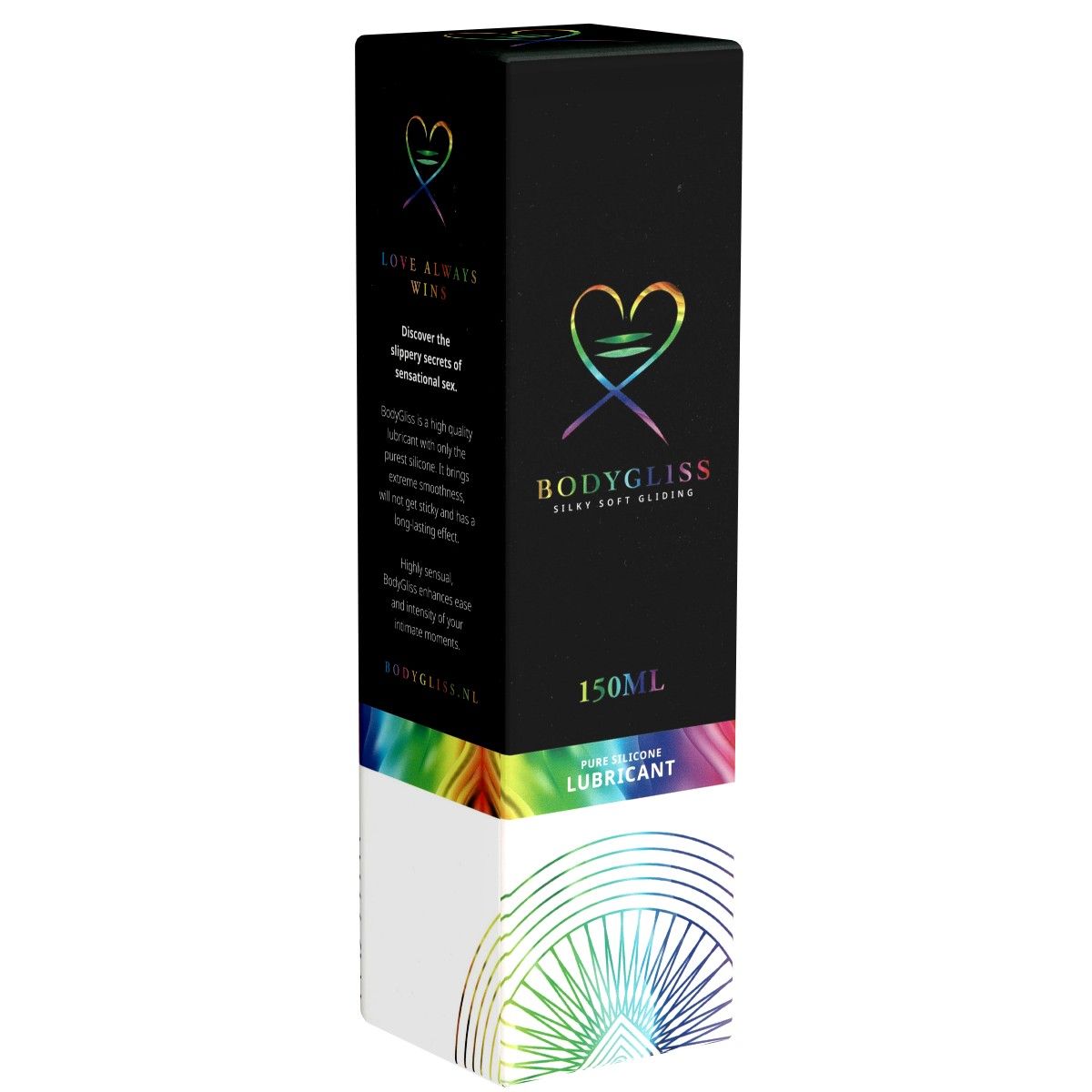 Boîte noire avec logo et texte. Design arc-en-ciel. Texte: Bodygliss, 150ml, Silky Soft Gliding, Pure Silicone Lubricant.