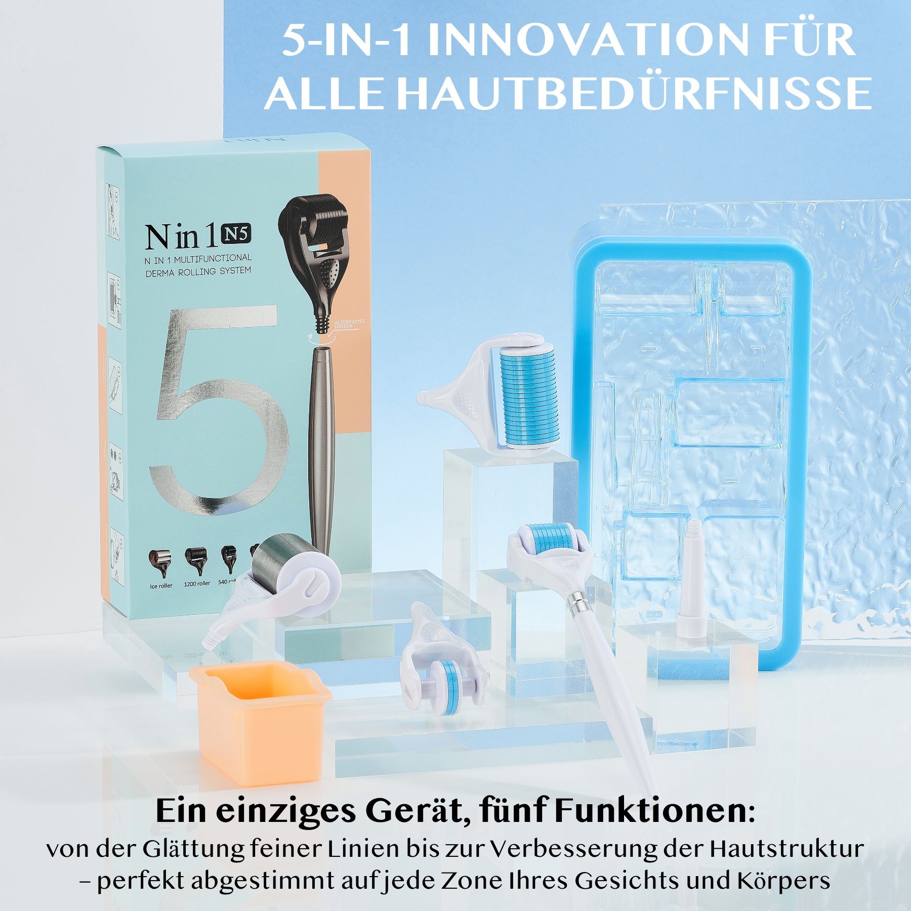 Multi-derma-roller set. Bevat rollers, bakje en accessoires. Verpakt in een doos met productnaam en 5-in-1 functie.