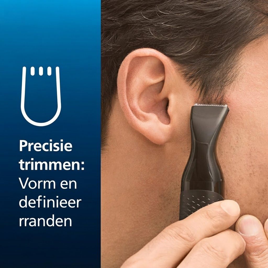 Een zwarte precisietrimmer wordt gebruikt bij de haarlijn bij het oor van een man.